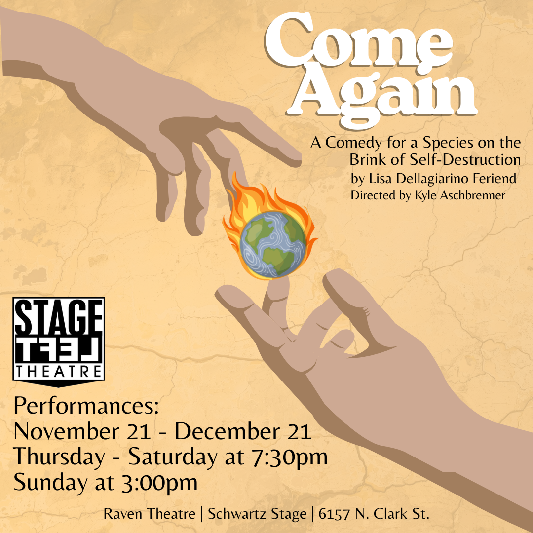 A burning earth positioned between two hands reminiscent of the Sistine Chapel ceiling. 